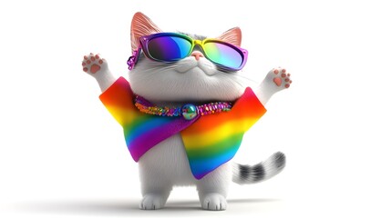 Fototapeta premium Proud LGBTQ+ Cat: A 3D Rendered Character Embracing Diversity, Ideal for Pride Month Campaigns, Websites, Social Media, and LGBTQ+ themed projects. A 