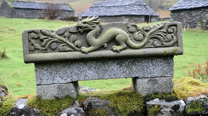 Stone Dragon Carving, Rural Village, Wales, Misty Day, Heritage