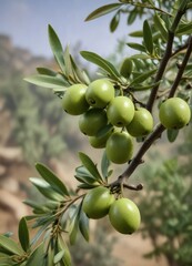 Olive branches with small green unripe olives on a tree branch, olive branch, nature scenery, botanical details