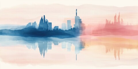 Obraz premium Serene urban skyline reflection cityscape watercolor art tranquil environment aerial view artistic concept