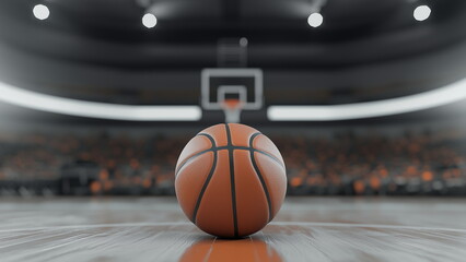 A brown basketball with black line in the court at the indoor basketball stadium with audience seat at the blurry background, focus and bokeh effect