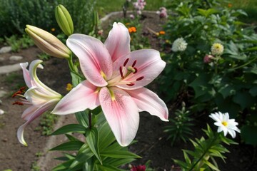 Fototapeta premium Overhead shot of lily flower in a garden, greenery, flower, lily