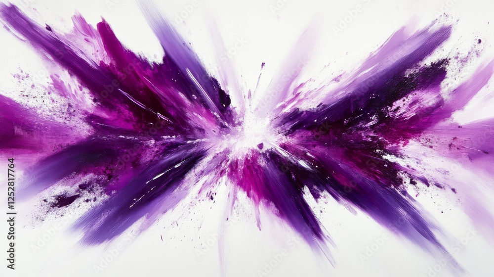 Poster abstract purple and violet paint splatter on canvas, dynamic explosion concept