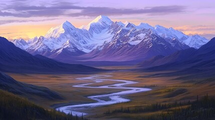 A panoramic sunrise paints the snowy peaks of the alpine mountain range