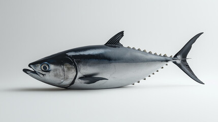 High-Resolution Image of a Bluefin Tuna Fish Isolated on a White Background, Showcasing the Sleek Body Structure, Fins, and Natural Coloration of This Fast-Swimming Ocean Predator
