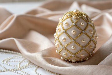 Fototapeta premium Luxury-inspired Easter egg adorned with fine pearls and intricate beading for an elegant touch.