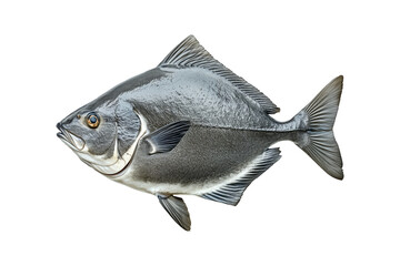 Detailed closeup of Pacific Halibut fish with shiny scales, fins and tail isolated on white transparent background, concept of marine life