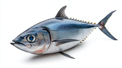 Obraz premium High-Resolution Image of a Bluefin Tuna Fish Isolated on a White Background, Showcasing the Sleek Body Structure, Fins, and Natural Coloration of This Fast-Swimming Ocean Predator