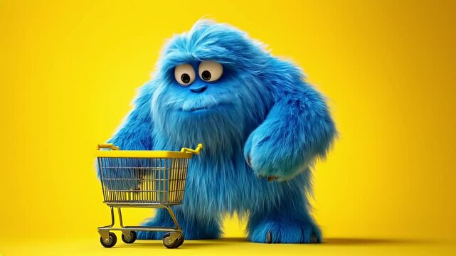 Blue yeti shopping cart yellow background fun mascot advertising
