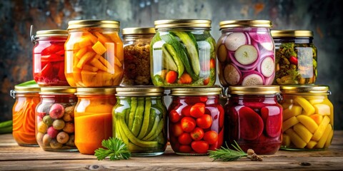 Colorful jars of pickled vegetables for winter storage, canned, jars, vegetables, pickled, colorful, preservation, food