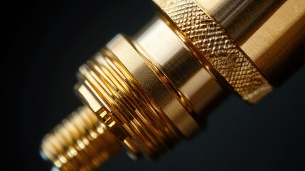 A high-detail close-up of a gold-plated coaxial plug's threading and inner conductor
