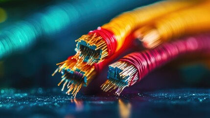 Fototapeta premium A high-detail shot of colorful shielded wires with frayed ends, placed on a dark table
