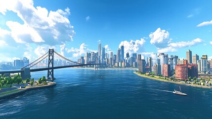 Fototapeta premium Scenic city skyline with a bridge overlooking a bay on a clear sunny day with boats