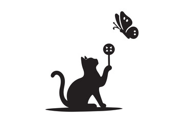 Cat playing with a butterfly icon silhouette on white background. (4)