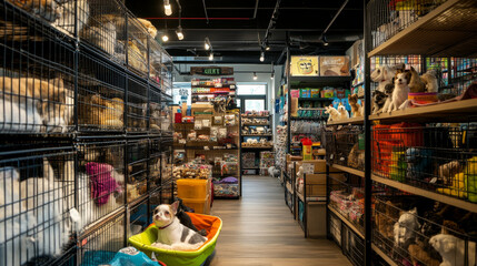 Fototapeta premium Animal pet toy store interior cartoon background. Supermarket indoor with cat or dog care accessory to buy. Domestic canine cage, feed bag, bowl and sleep pillow element in market illustration