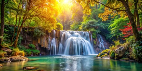 Fototapeta premium Beautiful waterfall flowing through a vibrant forest setting, waterfall, serene, nature, scenic, green, tranquil, landscape