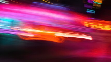 Colorful light trails from moving vehicles illuminate a bustling city street at night