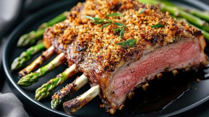 A beautifully roasted rack of lamb with a crust of herbs and breadcrumbs, served with asparagus and a drizzle of balsamic glaze on a modern black plate.