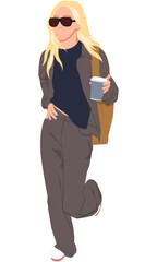 Fototapeta premium Flat vector illustration kpop idol with suitcase. Korean dancer on vacation. Idol group female fashion model wearing colorful outfit. Asian beauty model on casual style.