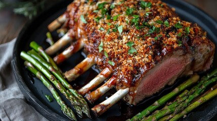 A beautifully roasted rack of lamb with a crust of herbs and breadcrumbs, served with asparagus and a drizzle of balsamic glaze on a modern black plate.