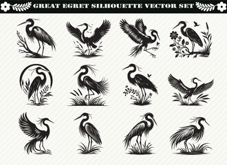 Great Egret Silhouette Vector Set: 12 Designs