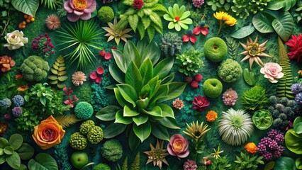 Fototapeta premium Pattern description Vibrant and lush green wallpaper with an array of peculiar flowers and plants, lush, green, wallpaper