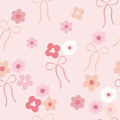 sakura flower cosmos flower small flower pink bow and light orange bow on light pink color background. Vector seamless pattern.