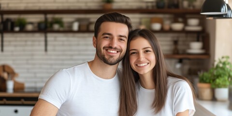 Fototapeta premium A cheerful couple poses together in a warm and inviting kitchen setting, radiating happiness.