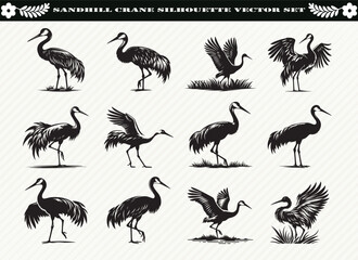 Sandhill Crane Silhouette Vector Set: 12 Designs