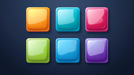 Set of game ui app icons, square buttons, cartoon menu interface colorful blocks. Gui graphic design elements for user panel settings red, blue, yellow, green, purple isolated 2d vector illustration