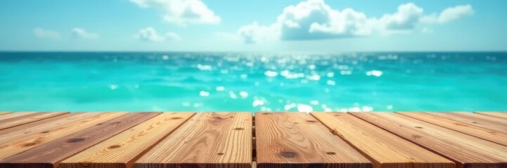 Warm wood surface; sparkling turquoise sea & sky backdrop , waves, beach, design