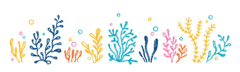 Cute sea coral and plants drawn with crayon pencils. Set of bright underwater marine reef elements. Color crayon doodle icons of ocean seaweed, vector illustration © chizhovao
