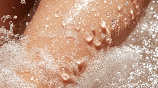 Close-up of wet legs with foam and water droplets.