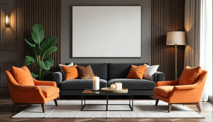 Fototapeta premium Modern Living Room Interior with Blank Canvas and Stylish Furnishings