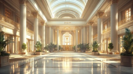 Grand hotel lobby with elegant architecture, bright lighting, and lush greenery in the background