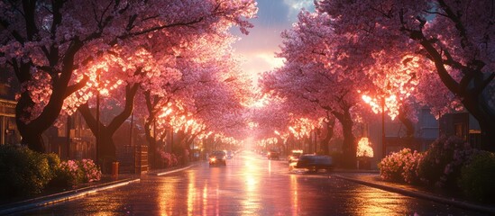 Fototapeta premium Sunset cherry blossom street, rain, houses