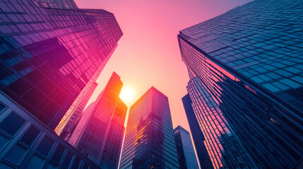 Beautiful sunrise behind modern city buildings. Vector cartoon illustration of early morning urban landscape with apartment and office skyscrapers, pink sky with bright sun. Cityscape background