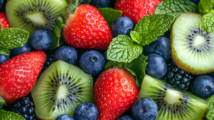 Obraz premium Fresh mixed berries with kiwi and mint leaves. 