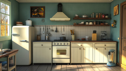 Cartoon kitchen room interior at home with fridge vector background. Cooking furniture inside house. Cozy apartment household with modular cupboard, refrigerator, cooker and kettle equipment.