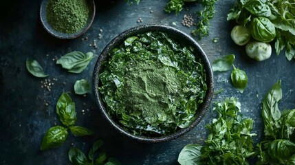 A bowl of green powder surrounded by fresh herbs and leafy greens, emphasizing natural ingredients.