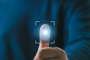 Close-up of a person using biometric fingerprint scanner technology. Innovative digital security solution for authentication and identification.