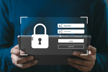 Person holding tablet with cybersecurity login interface, highlighting secure access, data...