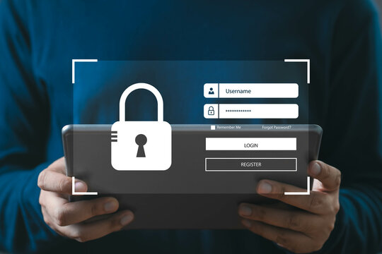 Person holding tablet with cybersecurity login interface, highlighting secure access, data protection, and digital privacy in modern technology.