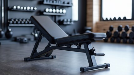 Fototapeta premium A black adjustable weight bench sits in a modern gym. Dumbbells are in the background, suggesting a workout environment. The bench is clean and well-maintained