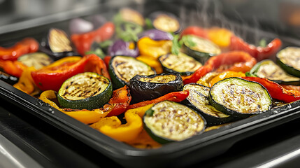 Close-up of grilled zucchini, eggplant, and bell peppers.
