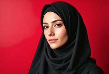 Naklejka premium Young middle eastern female in black hijab with red artistic background