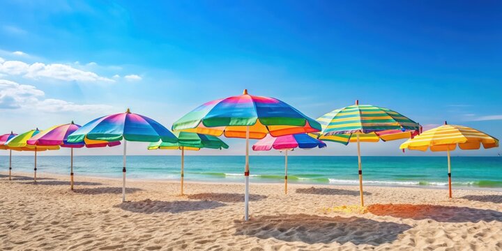 A colorful beach scene with pastel umbrellas and towels, radiating a lively summer atmosphere ,  vibrant, summer, vibes