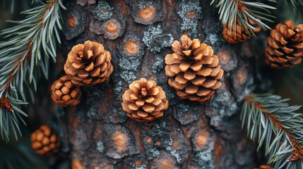 Textural symphony of pine cones and fir branches on rugged tree bark surface