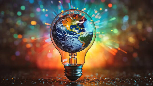 Earth in lightbulb with colorful bokeh background, ideal for environmental campaigns