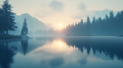 Fototapeta premium 3D render of a sleek futuristic landscape with towering cliffs and calm water, combined with a modern minimal background and sunrise lighting